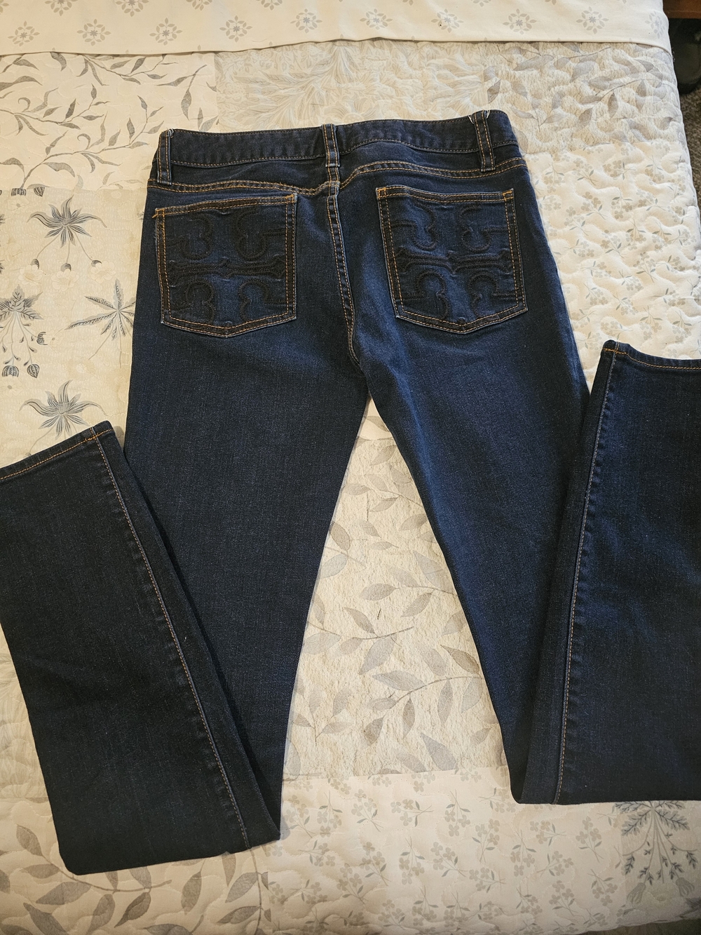 Tory Burch Dark Indigo Skinny Jeans with Embroidered Back Pockets